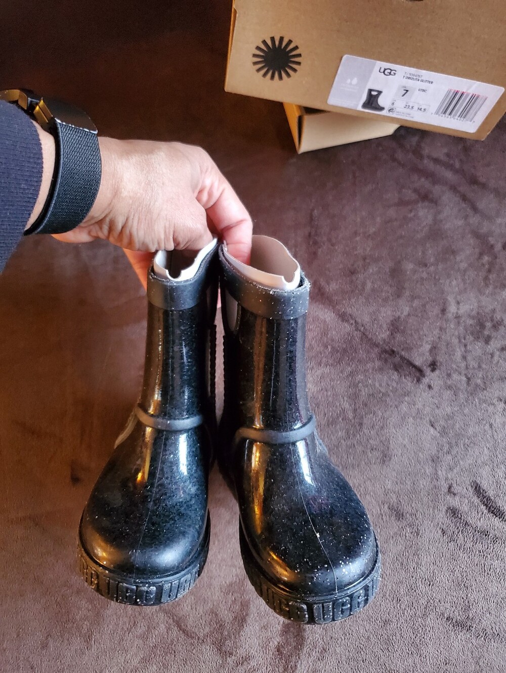 UGG Kids Black Glitter Rain Boots with Side Handles - Picture 3 of 7